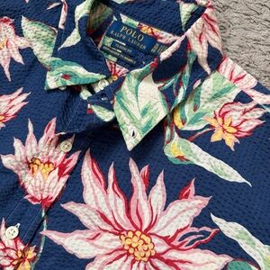 Ralph Lauren Mens Extra Large Blue Floral Hawaiian Button Down Long Sleeve